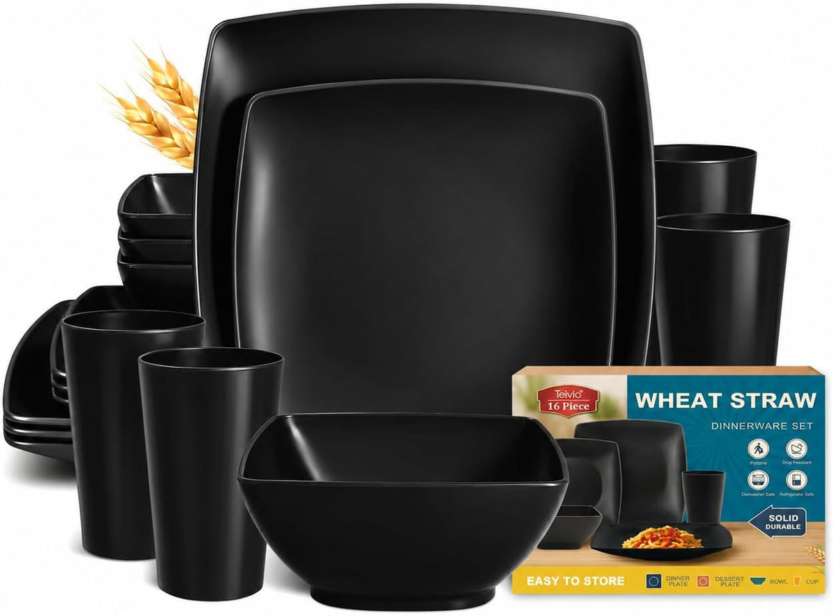 88-piece With Flatware Plastic Kitchen Wheat Straw Square Dinnerware Set for 8, Unbreakable Dinner/Salad/Appetizer Plates, Snack Bowls, Dipping Sauce Cups,Tumblers, Dishwasher Safe Dish,Black
