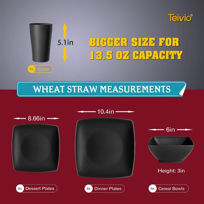 88-piece With Flatware Plastic Kitchen Wheat Straw Square Dinnerware Set for 8, Unbreakable Dinner/Salad/Appetizer Plates, Snack Bowls, Dipping Sauce Cups,Tumblers, Dishwasher Safe Dish,Black