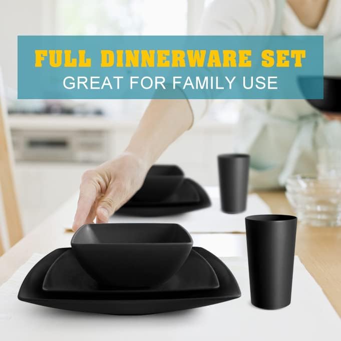 88-piece With Flatware Plastic Kitchen Wheat Straw Square Dinnerware Set for 8, Unbreakable Dinner/Salad/Appetizer Plates, Snack Bowls, Dipping Sauce Cups,Tumblers, Dishwasher Safe Dish,Black
