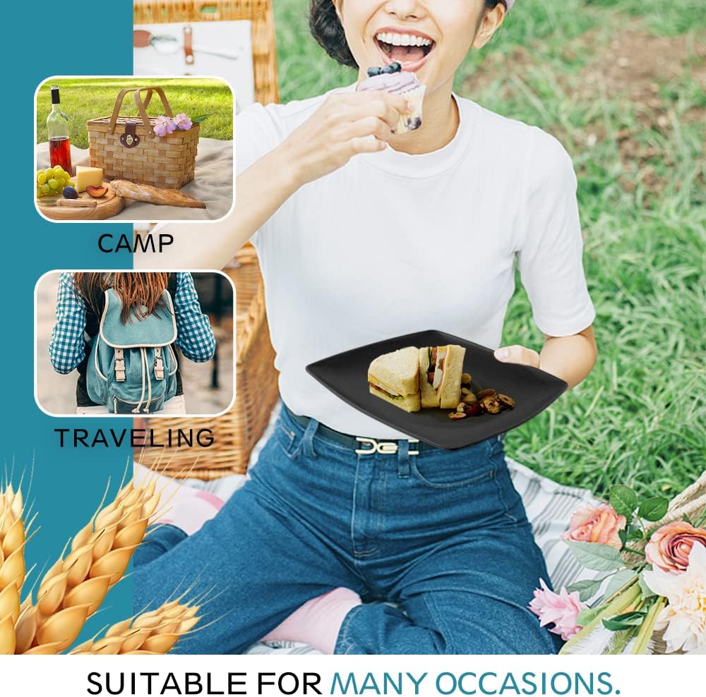 88-piece With Flatware Plastic Kitchen Wheat Straw Square Dinnerware Set for 8, Unbreakable Dinner/Salad/Appetizer Plates, Snack Bowls, Dipping Sauce Cups,Tumblers, Dishwasher Safe Dish,Black