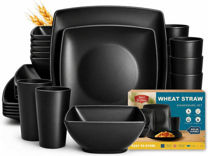 88-piece With Flatware Plastic Kitchen Wheat Straw Square Dinnerware Set for 8, Unbreakable Dinner/Salad/Appetizer Plates, Snack Bowls, Dipping Sauce Cups,Tumblers, Dishwasher Safe Dish,Black