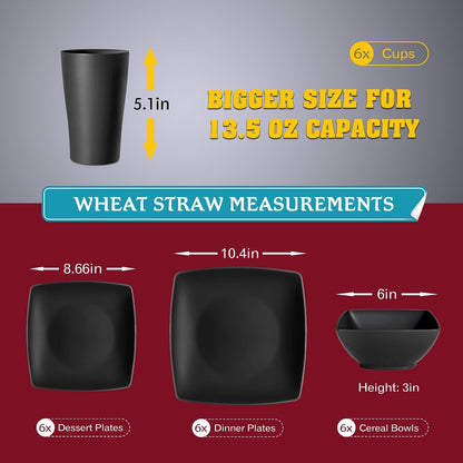 88-piece With Flatware Plastic Kitchen Wheat Straw Square Dinnerware Set for 8, Unbreakable Dinner/Salad/Appetizer Plates, Snack Bowls, Dipping Sauce Cups,Tumblers, Dishwasher Safe Dish,Black