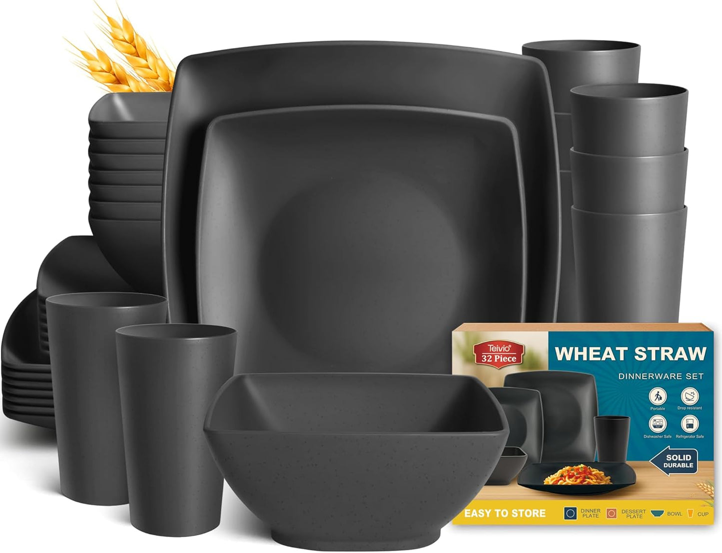 88-piece With Flatware Plastic Kitchen Wheat Straw Square Dinnerware Set for 8, Unbreakable Dinner/Salad/Appetizer Plates, Snack Bowls, Dipping Sauce Cups,Tumblers, Dishwasher Safe Dish,Black