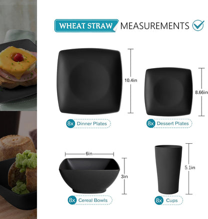 88-piece With Flatware Plastic Kitchen Wheat Straw Square Dinnerware Set for 8, Unbreakable Dinner/Salad/Appetizer Plates, Snack Bowls, Dipping Sauce Cups,Tumblers, Dishwasher Safe Dish,Black