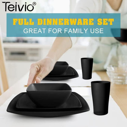 88-piece With Flatware Plastic Kitchen Wheat Straw Square Dinnerware Set for 8, Unbreakable Dinner/Salad/Appetizer Plates, Snack Bowls, Dipping Sauce Cups,Tumblers, Dishwasher Safe Dish,Black