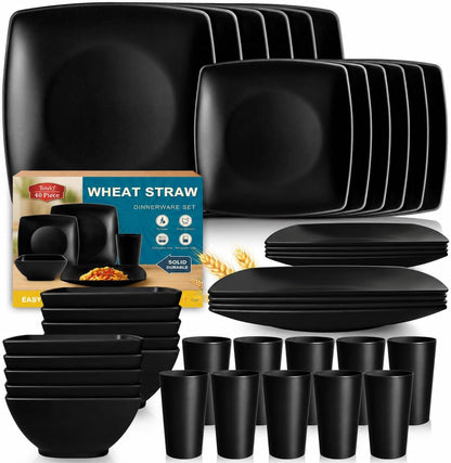 88-piece With Flatware Plastic Kitchen Wheat Straw Square Dinnerware Set for 8, Unbreakable Dinner/Salad/Appetizer Plates, Snack Bowls, Dipping Sauce Cups,Tumblers, Dishwasher Safe Dish,Black
