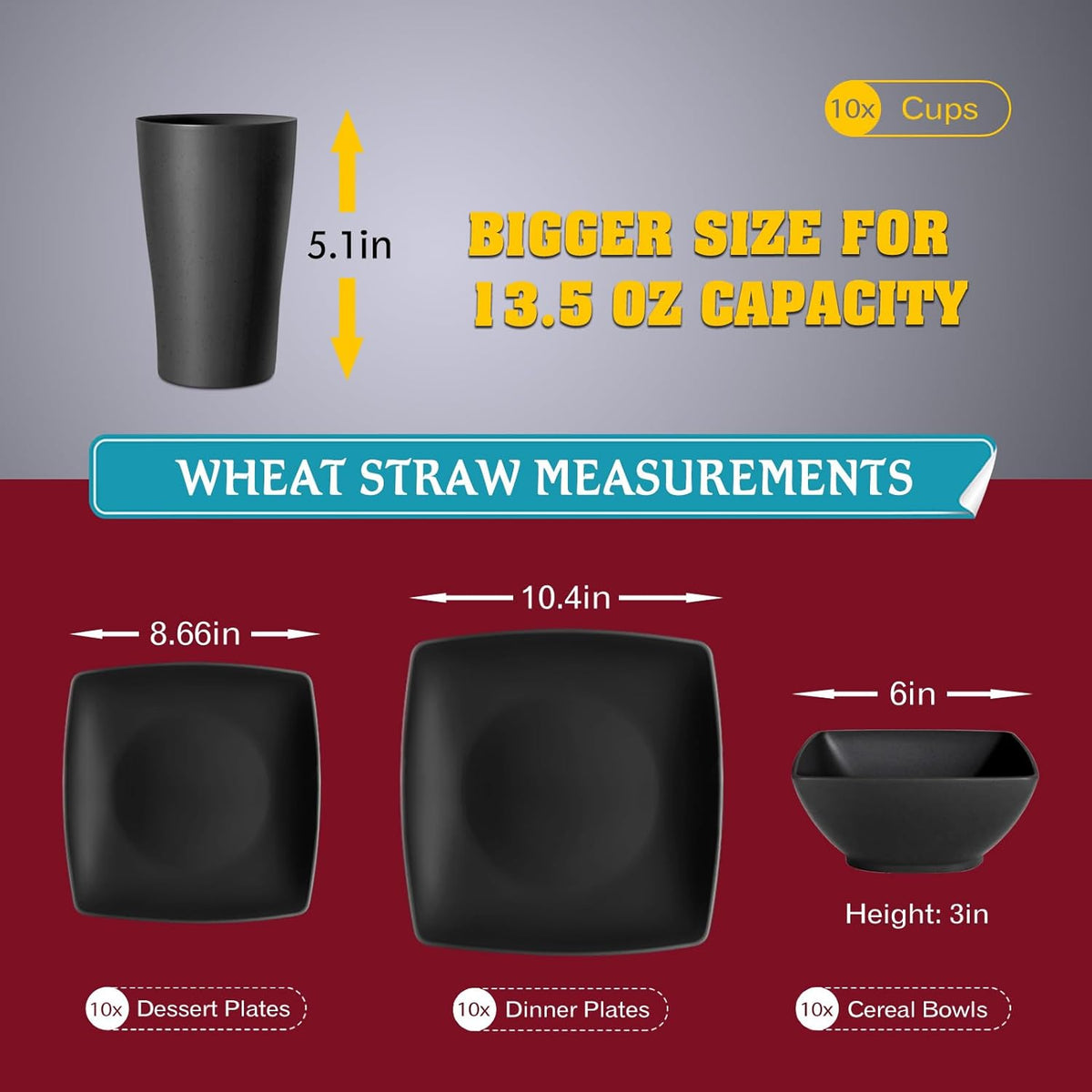 88-piece With Flatware Plastic Kitchen Wheat Straw Square Dinnerware Set for 8, Unbreakable Dinner/Salad/Appetizer Plates, Snack Bowls, Dipping Sauce Cups,Tumblers, Dishwasher Safe Dish,Black