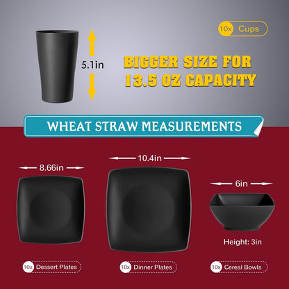 88-piece With Flatware Plastic Kitchen Wheat Straw Square Dinnerware Set for 8, Unbreakable Dinner/Salad/Appetizer Plates, Snack Bowls, Dipping Sauce Cups,Tumblers, Dishwasher Safe Dish,Black