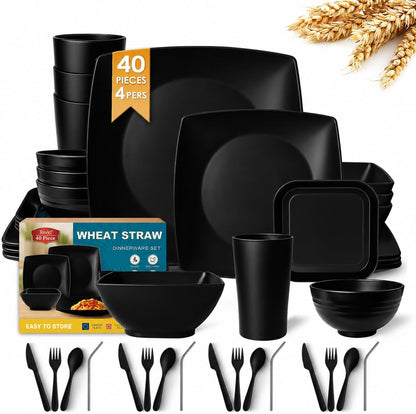 88-piece With Flatware Plastic Kitchen Wheat Straw Square Dinnerware Set for 8, Unbreakable Dinner/Salad/Appetizer Plates, Snack Bowls, Dipping Sauce Cups,Tumblers, Dishwasher Safe Dish,Black