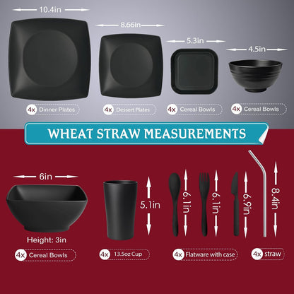 88-piece With Flatware Plastic Kitchen Wheat Straw Square Dinnerware Set for 8, Unbreakable Dinner/Salad/Appetizer Plates, Snack Bowls, Dipping Sauce Cups,Tumblers, Dishwasher Safe Dish,Black