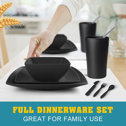 88-piece With Flatware Plastic Kitchen Wheat Straw Square Dinnerware Set for 8, Unbreakable Dinner/Salad/Appetizer Plates, Snack Bowls, Dipping Sauce Cups,Tumblers, Dishwasher Safe Dish,Black
