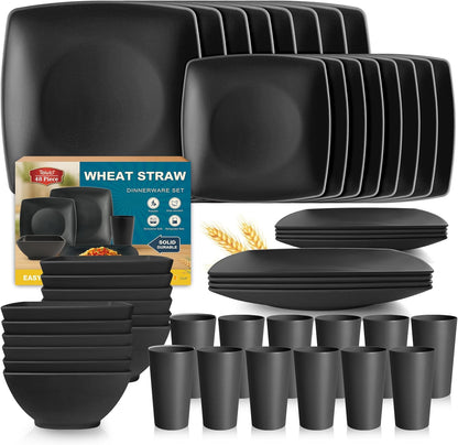 88-piece With Flatware Plastic Kitchen Wheat Straw Square Dinnerware Set for 8, Unbreakable Dinner/Salad/Appetizer Plates, Snack Bowls, Dipping Sauce Cups,Tumblers, Dishwasher Safe Dish,Black