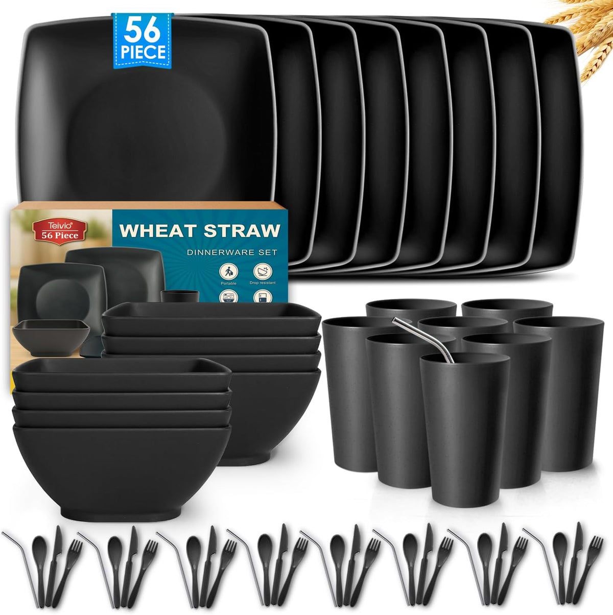 88-piece With Flatware Plastic Kitchen Wheat Straw Square Dinnerware Set for 8, Unbreakable Dinner/Salad/Appetizer Plates, Snack Bowls, Dipping Sauce Cups,Tumblers, Dishwasher Safe Dish,Black