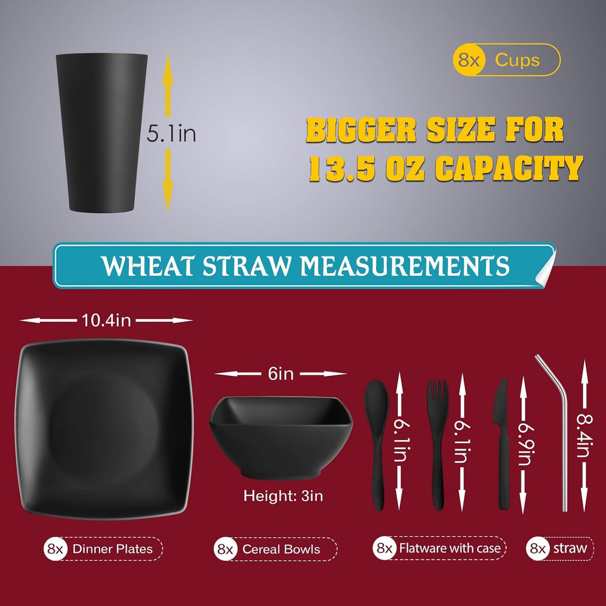 88-piece With Flatware Plastic Kitchen Wheat Straw Square Dinnerware Set for 8, Unbreakable Dinner/Salad/Appetizer Plates, Snack Bowls, Dipping Sauce Cups,Tumblers, Dishwasher Safe Dish,Black