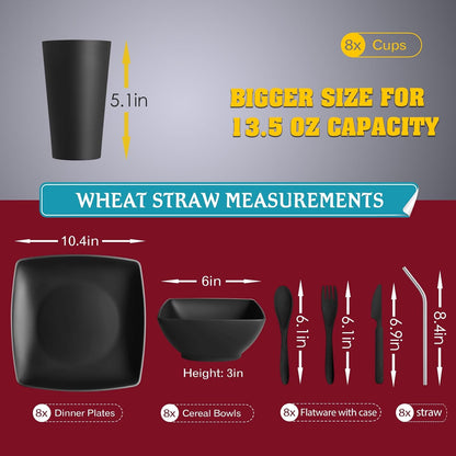 88-piece With Flatware Plastic Kitchen Wheat Straw Square Dinnerware Set for 8, Unbreakable Dinner/Salad/Appetizer Plates, Snack Bowls, Dipping Sauce Cups,Tumblers, Dishwasher Safe Dish,Black