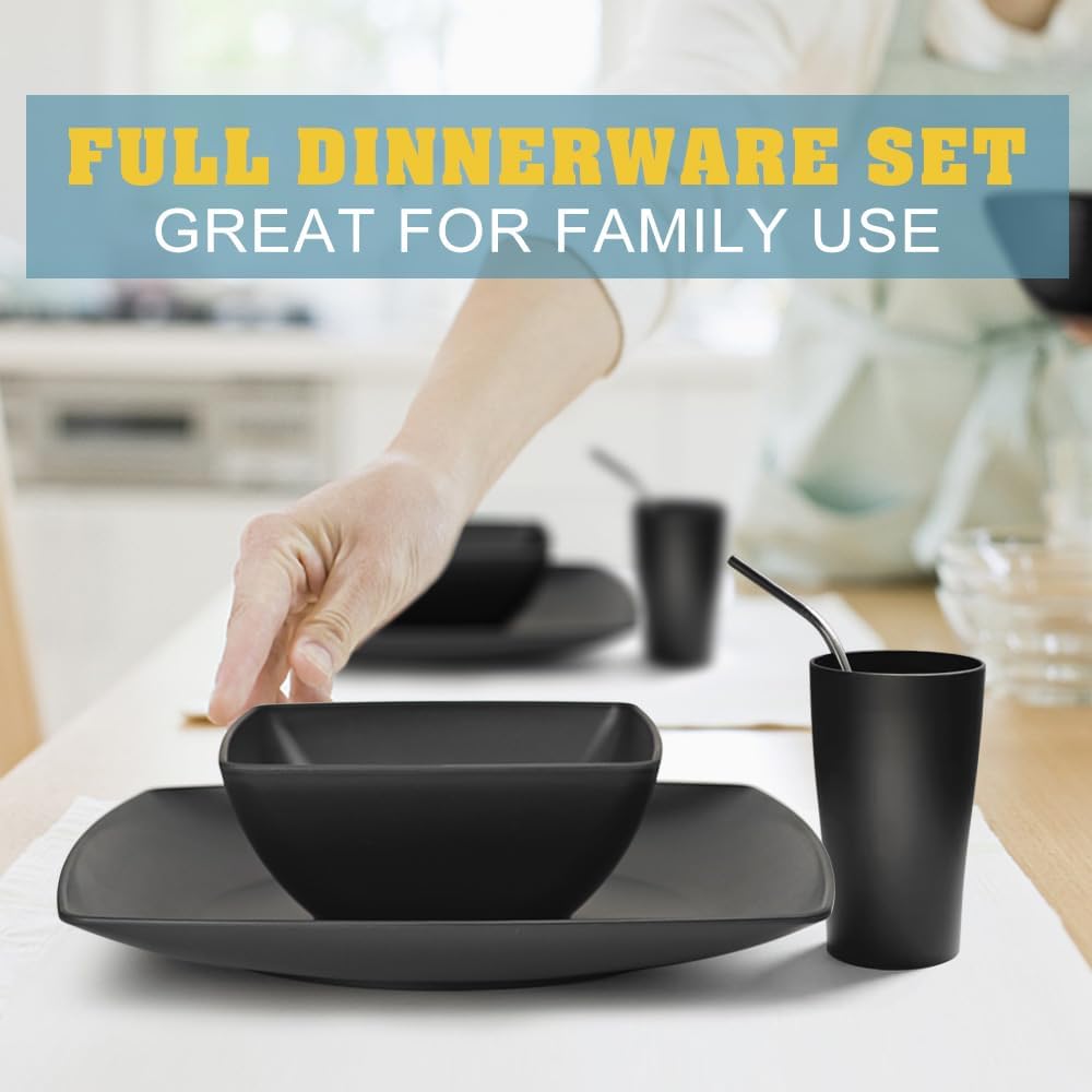 88-piece With Flatware Plastic Kitchen Wheat Straw Square Dinnerware Set for 8, Unbreakable Dinner/Salad/Appetizer Plates, Snack Bowls, Dipping Sauce Cups,Tumblers, Dishwasher Safe Dish,Black