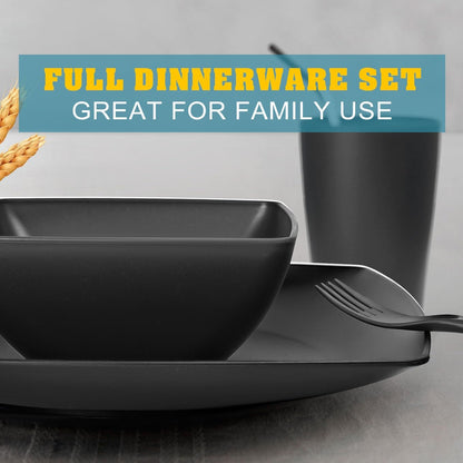 88-piece With Flatware Plastic Kitchen Wheat Straw Square Dinnerware Set for 8, Unbreakable Dinner/Salad/Appetizer Plates, Snack Bowls, Dipping Sauce Cups,Tumblers, Dishwasher Safe Dish,Black
