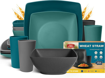88-piece With Flatware Plastic Kitchen Wheat Straw Square Dinnerware Set for 8, Unbreakable Dinner/Salad/Appetizer Plates, Snack Bowls, Dipping Sauce Cups,Tumblers, Dishwasher Safe Dish,Black