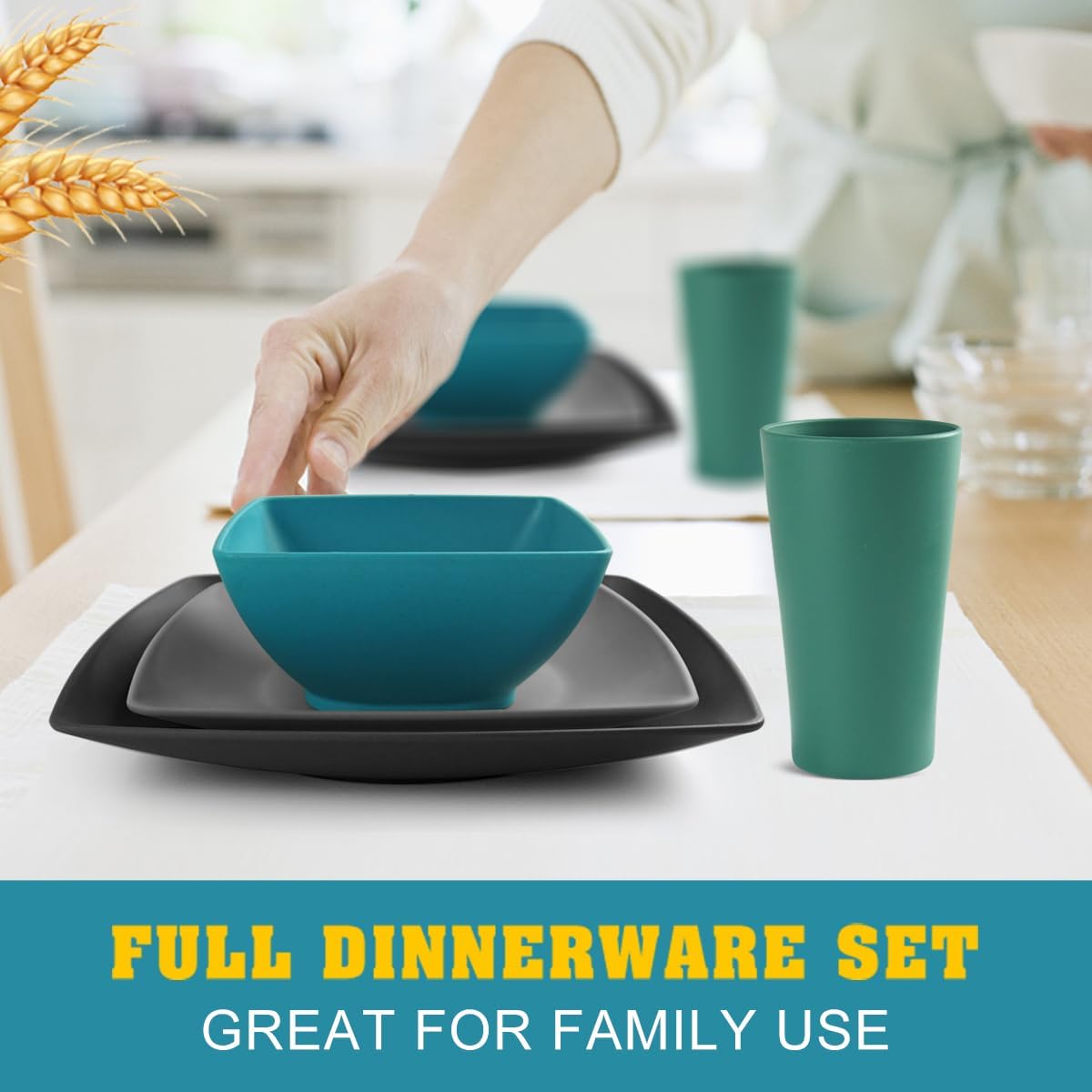 88-piece With Flatware Plastic Kitchen Wheat Straw Square Dinnerware Set for 8, Unbreakable Dinner/Salad/Appetizer Plates, Snack Bowls, Dipping Sauce Cups,Tumblers, Dishwasher Safe Dish,Black