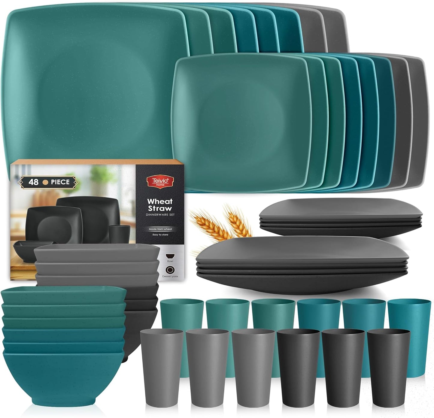 88-piece With Flatware Plastic Kitchen Wheat Straw Square Dinnerware Set for 8, Unbreakable Dinner/Salad/Appetizer Plates, Snack Bowls, Dipping Sauce Cups,Tumblers, Dishwasher Safe Dish,Black