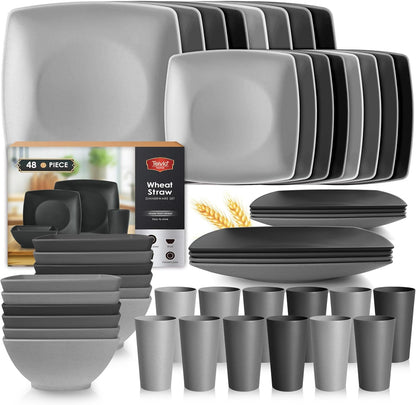 88-piece With Flatware Plastic Kitchen Wheat Straw Square Dinnerware Set for 8, Unbreakable Dinner/Salad/Appetizer Plates, Snack Bowls, Dipping Sauce Cups,Tumblers, Dishwasher Safe Dish,Black