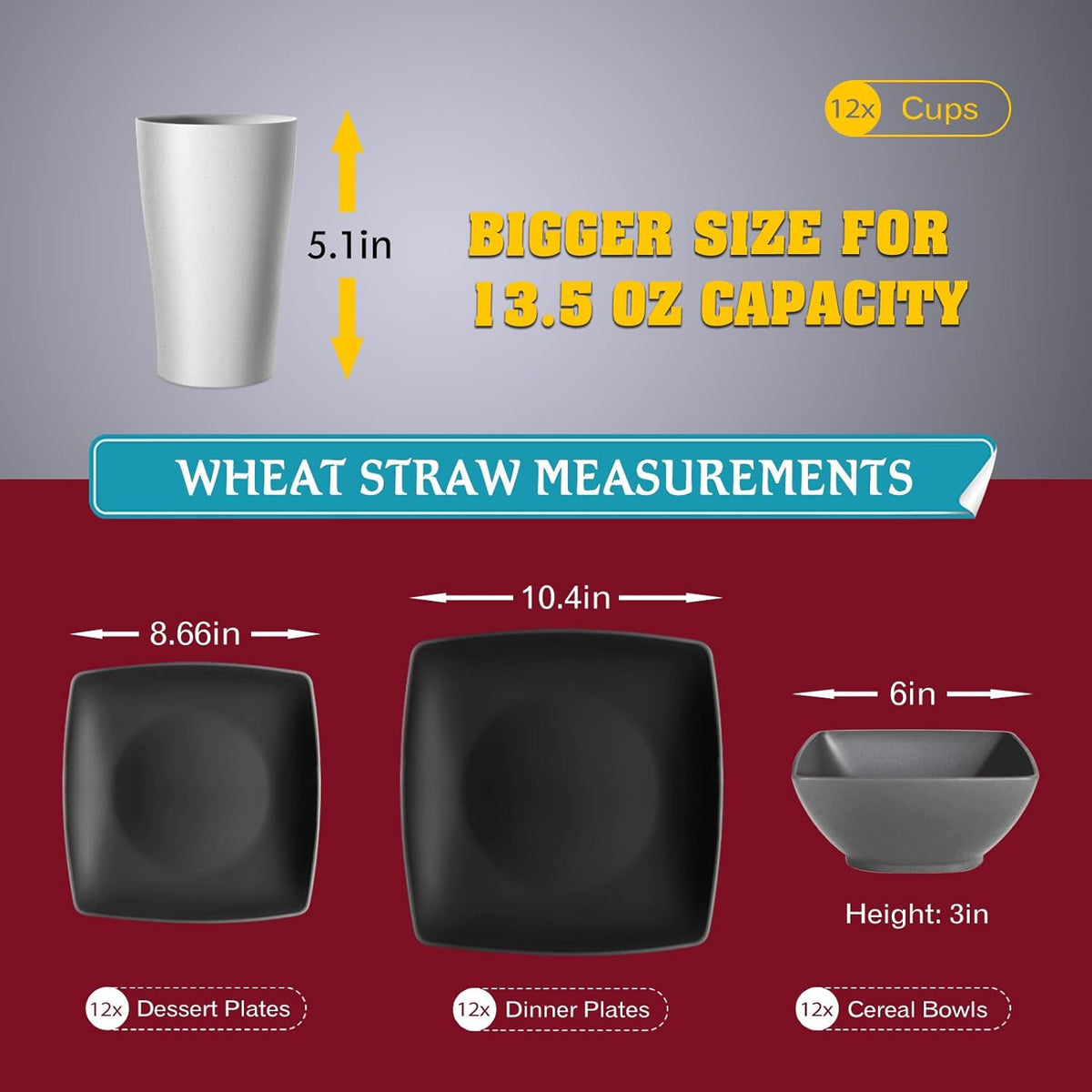 88-piece With Flatware Plastic Kitchen Wheat Straw Square Dinnerware Set for 8, Unbreakable Dinner/Salad/Appetizer Plates, Snack Bowls, Dipping Sauce Cups,Tumblers, Dishwasher Safe Dish,Black