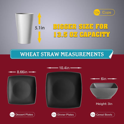88-piece With Flatware Plastic Kitchen Wheat Straw Square Dinnerware Set for 8, Unbreakable Dinner/Salad/Appetizer Plates, Snack Bowls, Dipping Sauce Cups,Tumblers, Dishwasher Safe Dish,Black