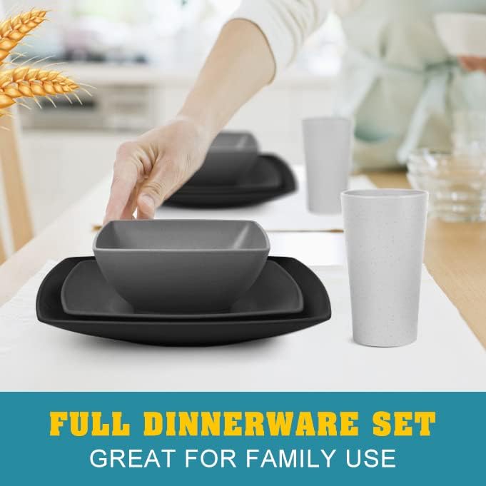 88-piece With Flatware Plastic Kitchen Wheat Straw Square Dinnerware Set for 8, Unbreakable Dinner/Salad/Appetizer Plates, Snack Bowls, Dipping Sauce Cups,Tumblers, Dishwasher Safe Dish,Black