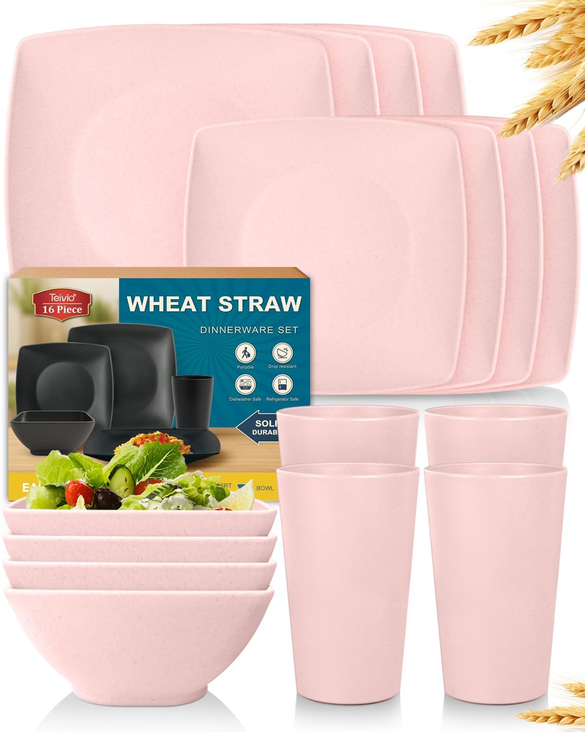 88-piece With Flatware Plastic Kitchen Wheat Straw Square Dinnerware Set for 8, Unbreakable Dinner/Salad/Appetizer Plates, Snack Bowls, Dipping Sauce Cups,Tumblers, Dishwasher Safe Dish,Black