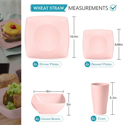 88-piece With Flatware Plastic Kitchen Wheat Straw Square Dinnerware Set for 8, Unbreakable Dinner/Salad/Appetizer Plates, Snack Bowls, Dipping Sauce Cups,Tumblers, Dishwasher Safe Dish,Black