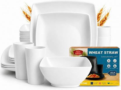 88-piece With Flatware Plastic Kitchen Wheat Straw Square Dinnerware Set for 8, Unbreakable Dinner/Salad/Appetizer Plates, Snack Bowls, Dipping Sauce Cups,Tumblers, Dishwasher Safe Dish,Black