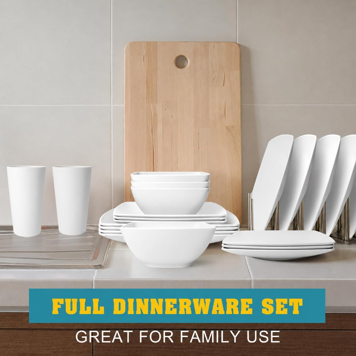 88-piece With Flatware Plastic Kitchen Wheat Straw Square Dinnerware Set for 8, Unbreakable Dinner/Salad/Appetizer Plates, Snack Bowls, Dipping Sauce Cups,Tumblers, Dishwasher Safe Dish,Black