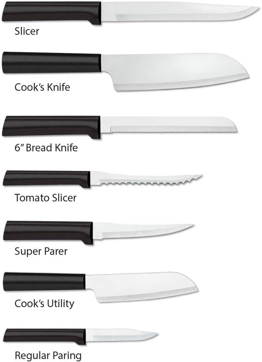Essential Oak Block Set (G258), Black Handle | 8-Piece Block Knife Set, Stainless Steel Blades, Black Resin Handle