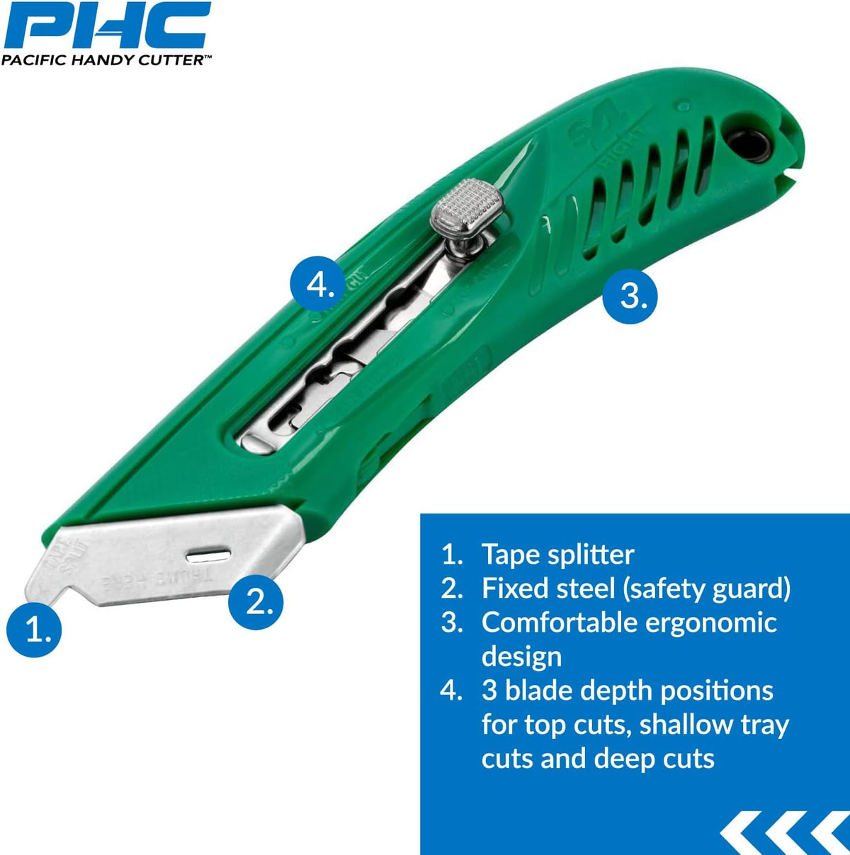 S4R Safety Cutter, Retractable Utility Knife with an Ergonomical Design, Bladeless Tape Splitter, Steel Guard for Safety and Damage Protection, for Warehouse and In-Store Cutting , Green