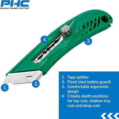 S4R Safety Cutter, Retractable Utility Knife with an Ergonomical Design, Bladeless Tape Splitter, Steel Guard for Safety and Damage Protection, for Warehouse and In-Store Cutting , Green