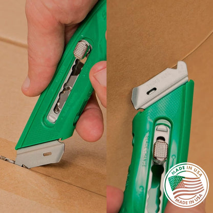 S4R Safety Cutter, Retractable Utility Knife with an Ergonomical Design, Bladeless Tape Splitter, Steel Guard for Safety and Damage Protection, for Warehouse and In-Store Cutting , Green