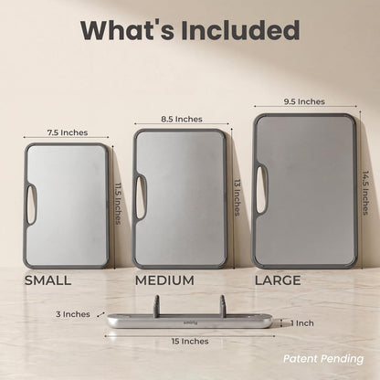 Titanium Cutting Board for Kitchen, Double Sided Chopping Board Set with Holder, Pure Titanium, 3 Pack (Cloud White)