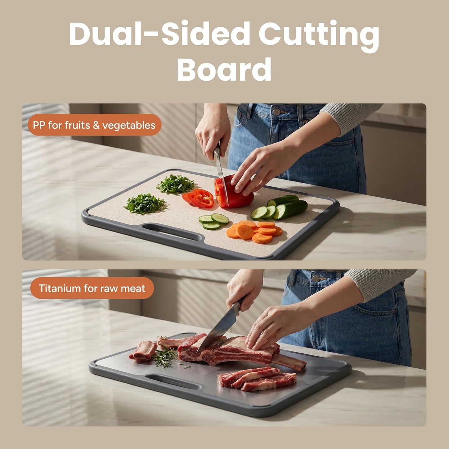 Titanium Cutting Board for Kitchen, Double Sided Chopping Board Set with Holder, Pure Titanium, 3 Pack (Cloud White)
