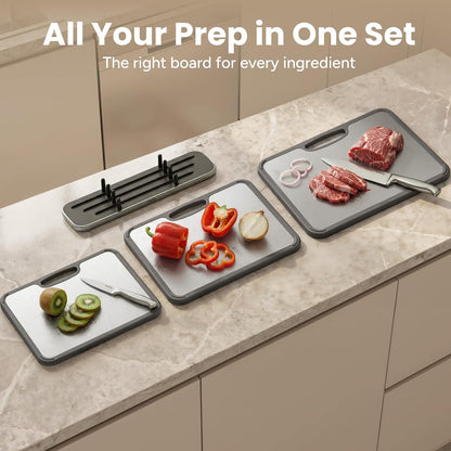 Titanium Cutting Board for Kitchen, Double Sided Chopping Board Set with Holder, Pure Titanium, 3 Pack (Cloud White)