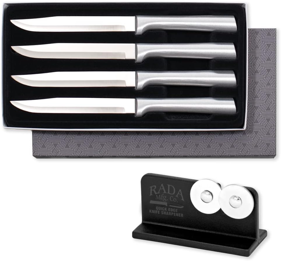 Four Utility/Steak Knife Set (S55) + Sharpener, Silver Handle | 4-Piece Knife Set with Quick Edge Sharpener (R119), Stainless Steel Blades, Silver Cast Aluminum Handle