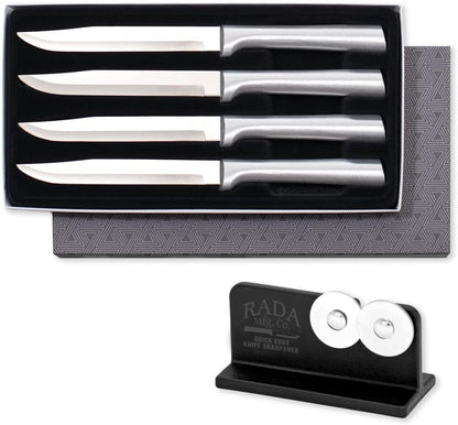 Four Utility/Steak Knife Set (S55) + Sharpener, Silver Handle | 4-Piece Knife Set with Quick Edge Sharpener (R119), Stainless Steel Blades, Silver Cast Aluminum Handle