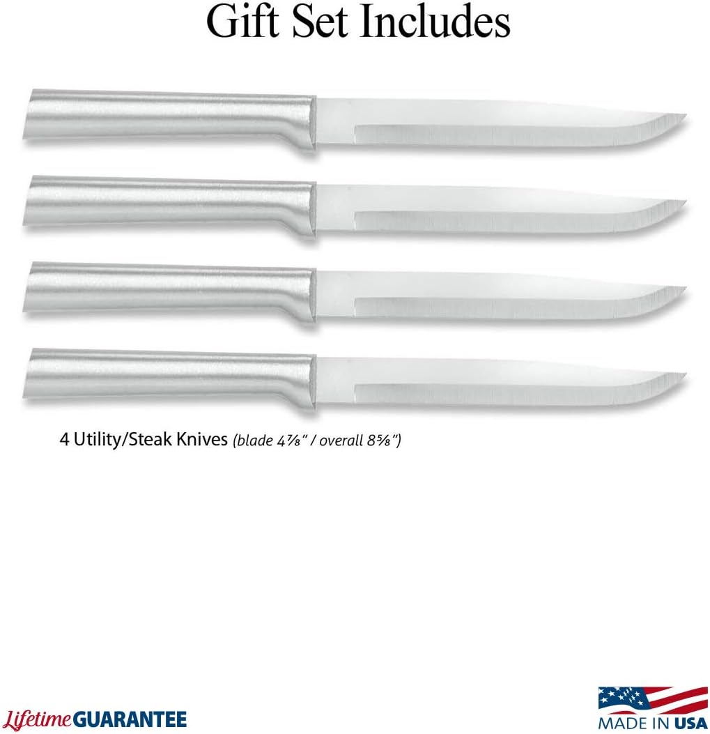 Four Utility/Steak Knife Set (S55) + Sharpener, Silver Handle | 4-Piece Knife Set with Quick Edge Sharpener (R119), Stainless Steel Blades, Silver Cast Aluminum Handle