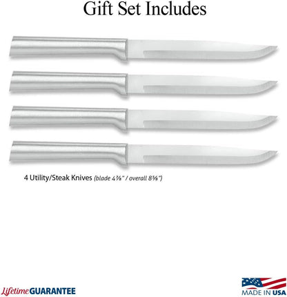 Four Utility/Steak Knife Set (S55) + Sharpener, Silver Handle | 4-Piece Knife Set with Quick Edge Sharpener (R119), Stainless Steel Blades, Silver Cast Aluminum Handle