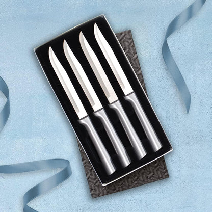 Four Utility/Steak Knife Set (S55) + Sharpener, Silver Handle | 4-Piece Knife Set with Quick Edge Sharpener (R119), Stainless Steel Blades, Silver Cast Aluminum Handle