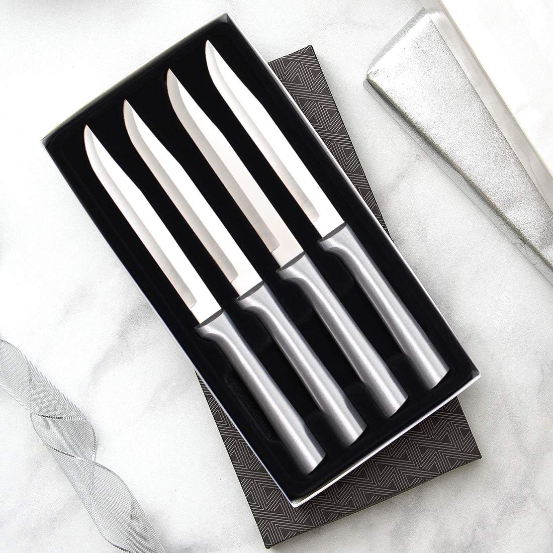 Four Utility/Steak Knife Set (S55) + Sharpener, Silver Handle | 4-Piece Knife Set with Quick Edge Sharpener (R119), Stainless Steel Blades, Silver Cast Aluminum Handle