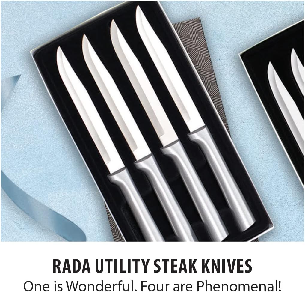 Four Utility/Steak Knife Set (S55) + Sharpener, Silver Handle | 4-Piece Knife Set with Quick Edge Sharpener (R119), Stainless Steel Blades, Silver Cast Aluminum Handle