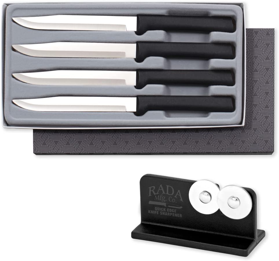 Four Utility/Steak Knife Set (S55) + Sharpener, Silver Handle | 4-Piece Knife Set with Quick Edge Sharpener (R119), Stainless Steel Blades, Silver Cast Aluminum Handle