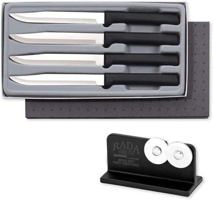 Four Utility/Steak Knife Set (S55) + Sharpener, Silver Handle | 4-Piece Knife Set with Quick Edge Sharpener (R119), Stainless Steel Blades, Silver Cast Aluminum Handle