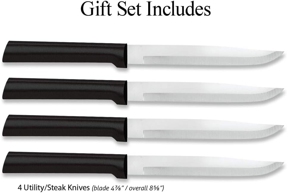 Four Utility/Steak Knife Set (S55) + Sharpener, Silver Handle | 4-Piece Knife Set with Quick Edge Sharpener (R119), Stainless Steel Blades, Silver Cast Aluminum Handle