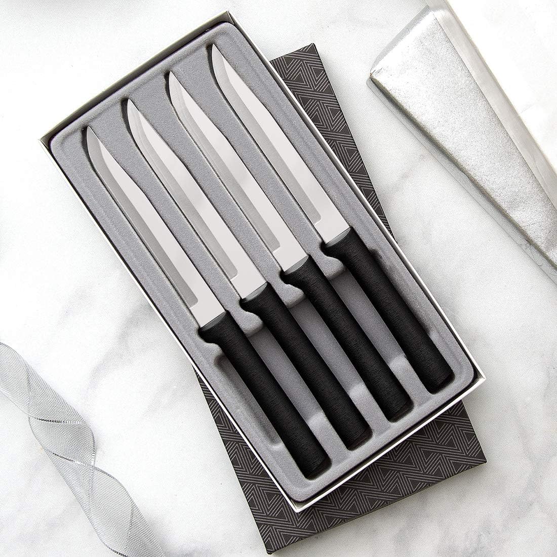 Four Utility/Steak Knife Set (S55) + Sharpener, Silver Handle | 4-Piece Knife Set with Quick Edge Sharpener (R119), Stainless Steel Blades, Silver Cast Aluminum Handle